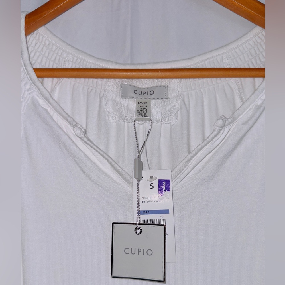 Cupio NWT white embroidered 3/4 length sleeve split neck stretchy dress sz S - Picture 7 of 11